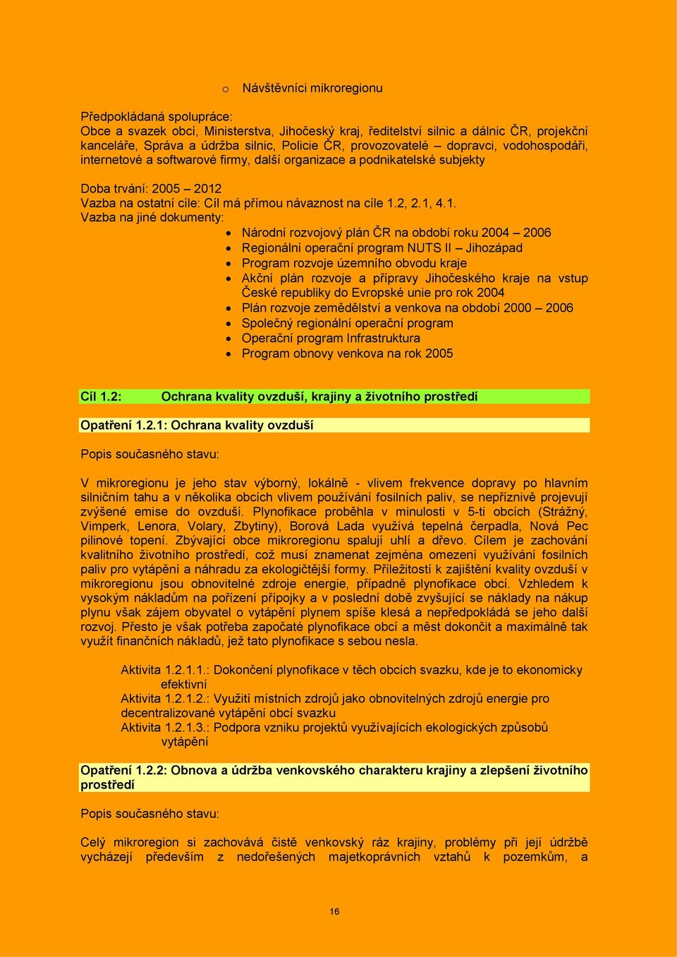 1, 4.1. Vazba na jiné dokumenty: Národní rozvojový plán ČR na období roku 2004 2006 Regionální operační program NUTS II Jihozápad Program rozvoje územního obvodu kraje Akční plán rozvoje a přípravy