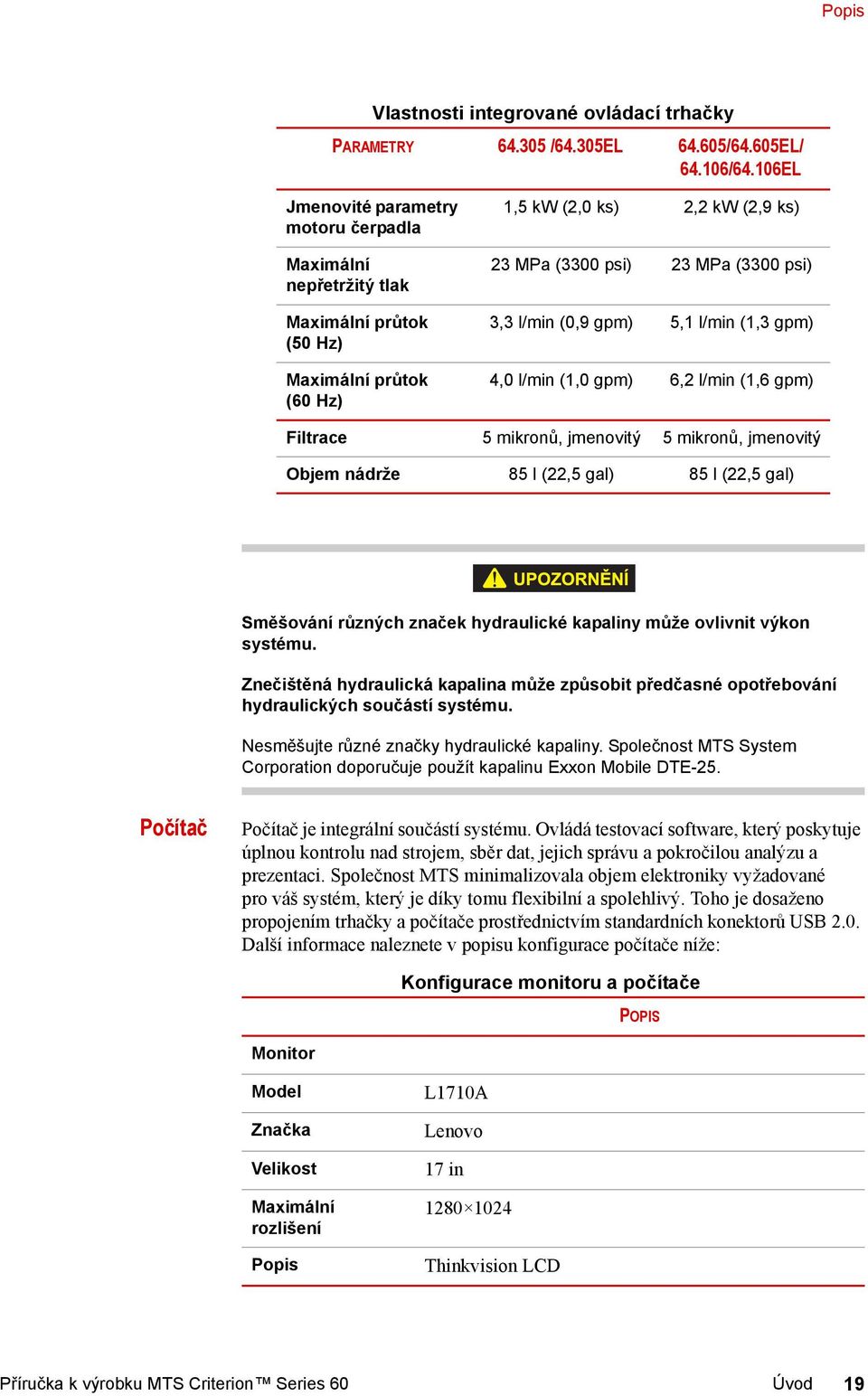 (0,9 gpm) 5,1 l/min (1,3 gpm) 4,0 l/min (1,0 gpm) 6,2 l/min (1,6 gpm) Filtrace 5 mikronů, jmenovitý 5 mikronů, jmenovitý Objem nádrže 85 l (22,5 gal) 85 l (22,5 gal) Směšování různých značek