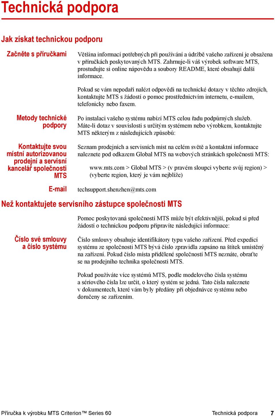 Pokud se vám nepodaří nalézt odpovědi na technické dotazy v těchto zdrojích, kontaktujte MTS s žádostí o pomoc prostřednictvím internetu, e-mailem, telefonicky nebo faxem.