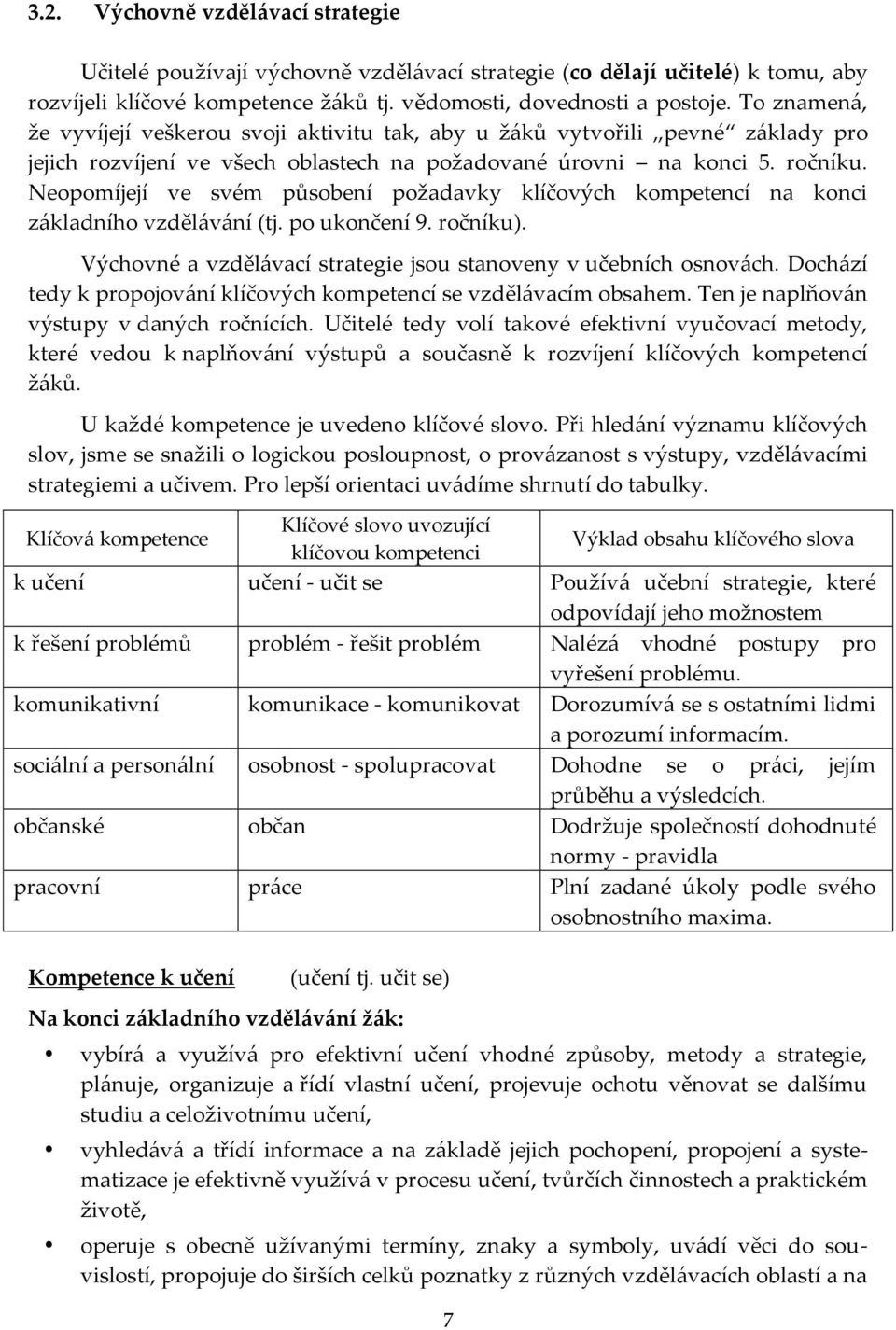 Neopomíjejí ve svém působení požadavky klíčových kompetencí na konci základního vzdělávání (tj. po ukončení 9. ročníku). Výchovné a vzdělávací strategie jsou stanoveny v učebních osnovách.