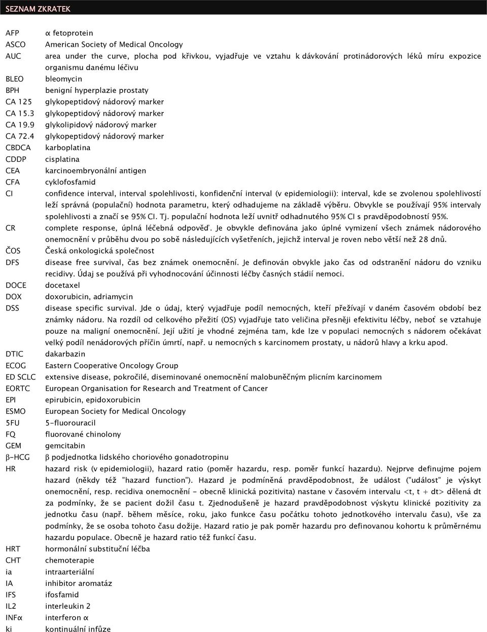 4 glykopeptidový nádorový marker CBDCA karboplatina CDDP cisplatina CEA karcinoembryonální antigen CFA cyklofosfamid CI confidence interval, interval spolehlivosti, konfidenční interval (v