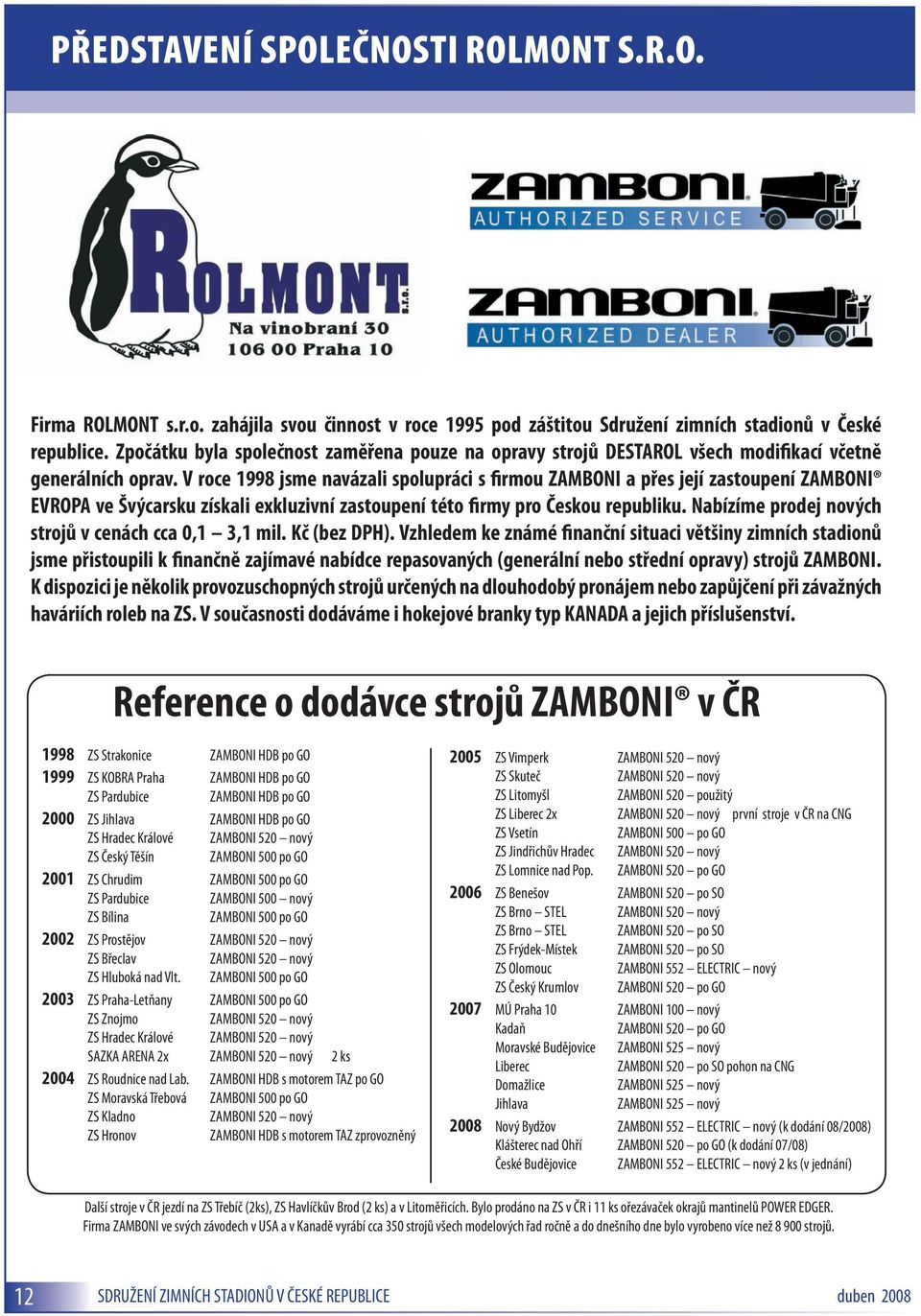 V roce 1998 jsme navázali spolupráci s firmou ZAMBONI a přes její zastoupení ZAMBONI EVROPA ve Švýcarsku získali exkluzivní zastoupení této firmy pro Českou republiku.