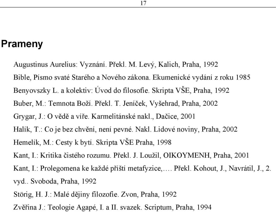 Nakl. Lidové noviny, Praha, 2002 Hemelík, M.: Cesty k bytí. Skripta VŠE Praha, 1998 Kant, I.: Kritika čistého rozumu. Překl. J. Loužil, OIKOYMENH, Praha, 2001 Kant, I.