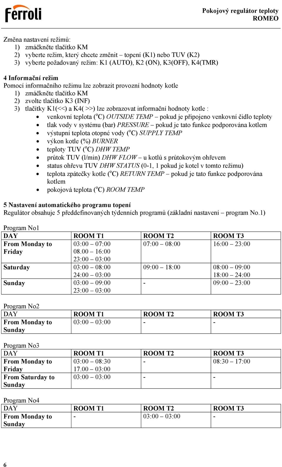 teplota ( o C) OUTSIDE TEMP pokud je připojeno venkovní čidlo teploty tlak vody v systému (bar) PRESSURE pokud je tato funkce podporována kotlem výstupní teplota otopné vody ( o C) SUPPLY TEMP výkon