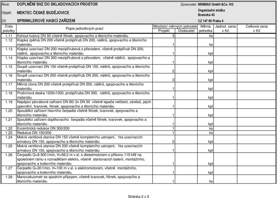 15 Šoupě uzavírací DN 150 včetně protipřírub DN 150, nátěrů, spojovacího a těsnícího materiálu 2 kpl 1.