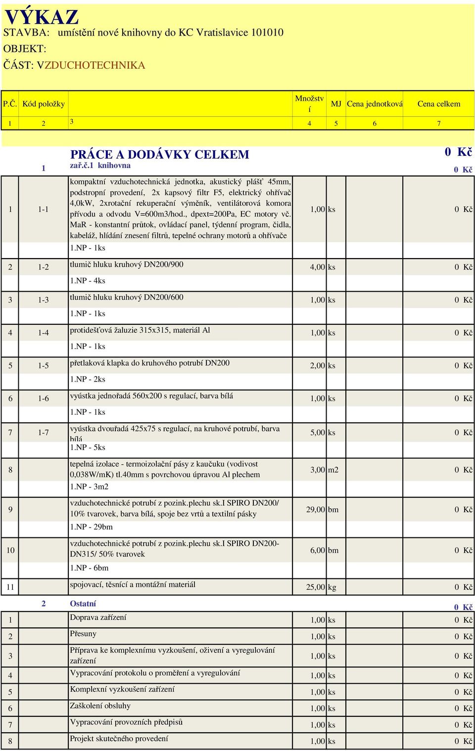 přívodu a odvodu V=600m3/hod., dpext=200pa, EC motory vč. MaR - konstantní průtok, ovládací panel, týdenní program, čidla, kabeláž, hlídání znesení filtrů, tepelné ochrany motorů a ohřívače 1.