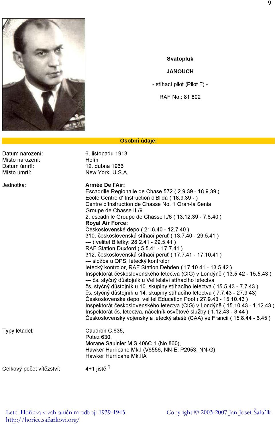 ( 13.12.39-7.6.40 ) Československé depo ( 21.6.40-12.7.40 ) 310. československá stíhací peruť ( 13.7.40-29.5.41 ) --- ( velitel B letky: 28.2.41-29.5.41 ) RAF Station Duxford ( 5.5.41-17.7.41 ) 312.