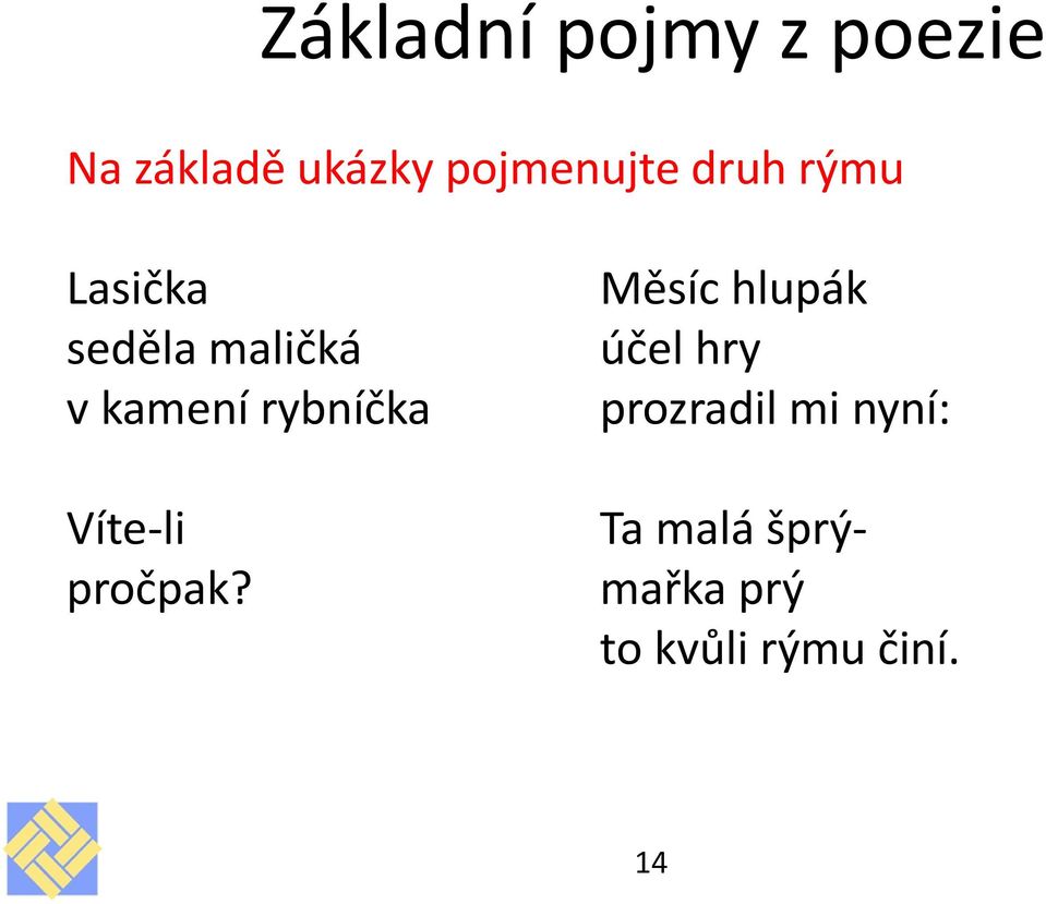 Lasička seděla maličká v kamení rybníčka