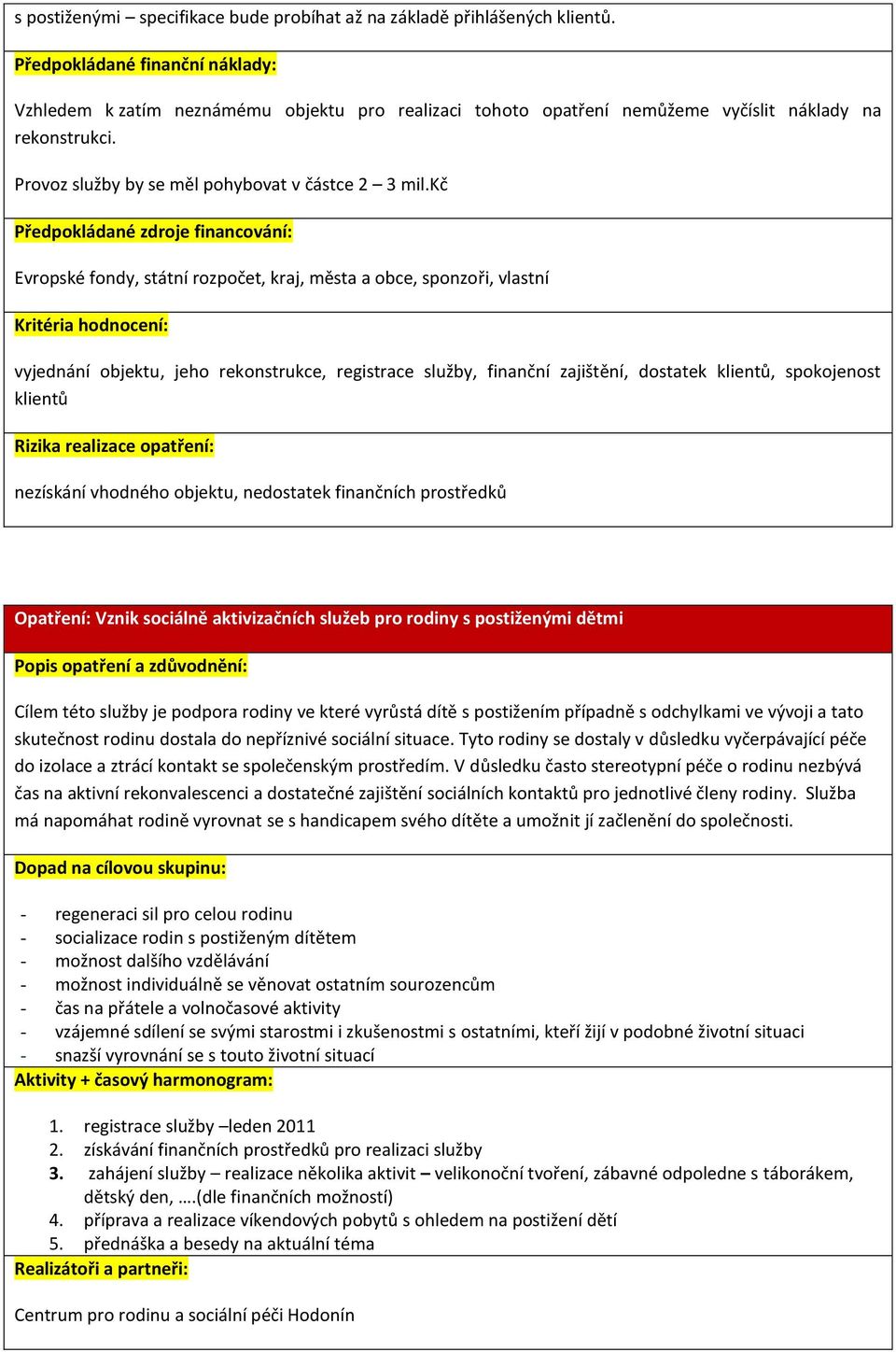 kč Evropské fondy, státní rozpočet, kraj, města a obce, sponzoři, vlastní vyjednání objektu, jeho rekonstrukce, registrace služby, finanční zajištění, dostatek klientů, spokojenost klientů nezískání