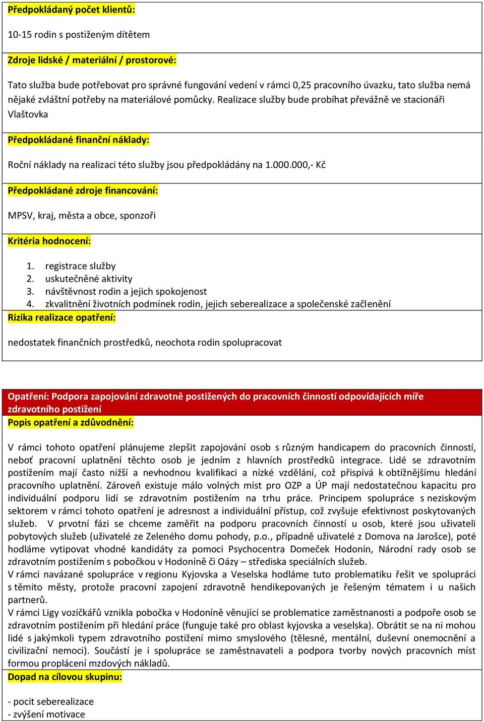 uskutečněné aktivity 3. návštěvnost rodin a jejich spokojenost 4.