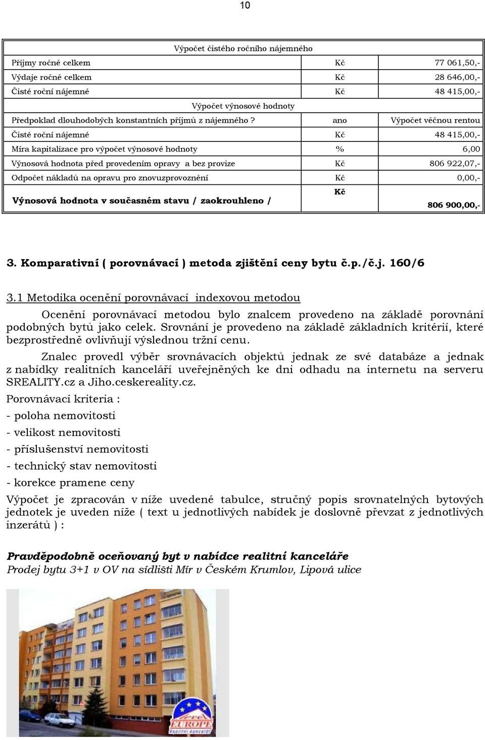 ano Výpočet věčnou rentou Čisté roční nájemné Kč 48 415,00,- Míra kapitalizace pro výpočet výnosové hodnoty % 6,00 Výnosová hodnota před provedením opravy a bez provize Kč 806 922,07,- Odpočet