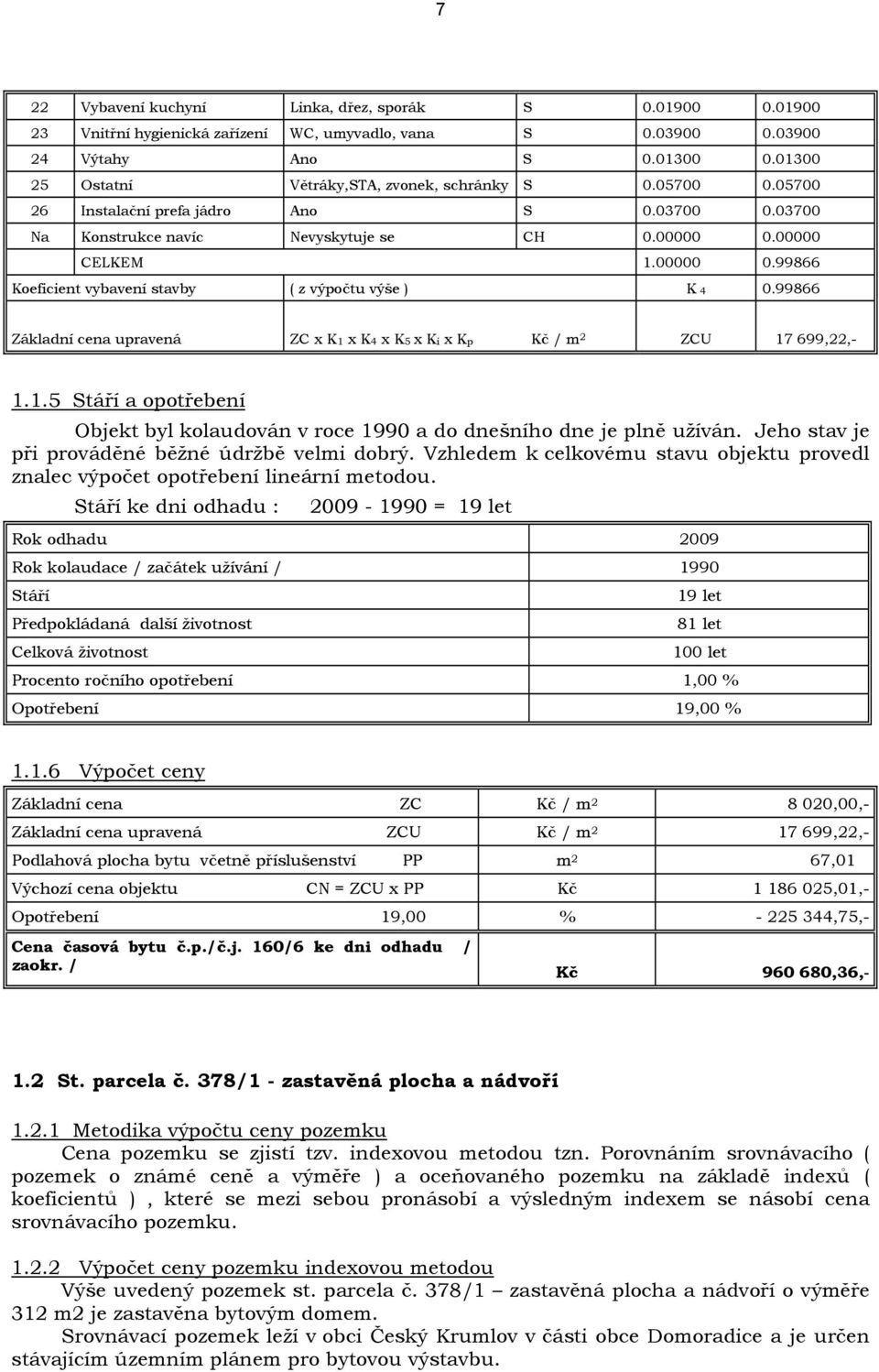 00000 CELKEM 1.00000 0.99866 Koeficient vybavení stavby ( z výpočtu výše ) K 4 0.99866 Základní cena upravená ZC x K1 x K4 x K5 x Ki x Kp Kč / m 2 ZCU 17 699,22,- 1.1.5 Stáří a opotřebení Objekt byl kolaudován v roce 1990 a do dnešního dne je plně užíván.