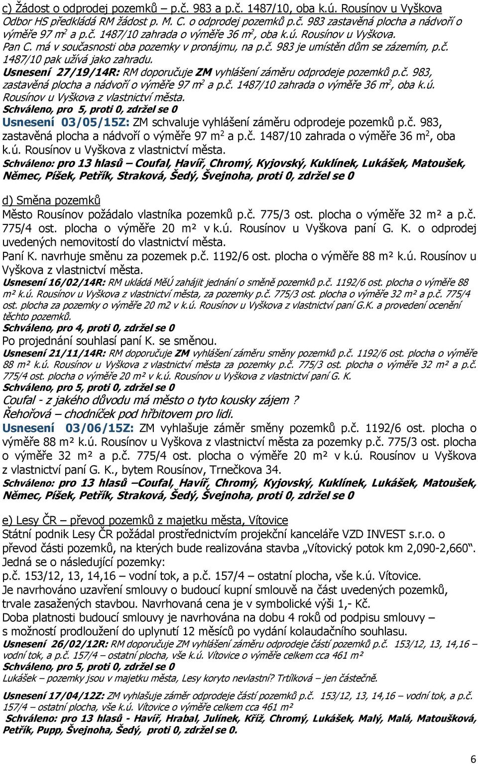 Usnesení 27/19/14R: RM doporučuje ZM vyhlášení záměru odprodeje pozemků p.č. 983, zastavěná plocha a nádvoří o výměře 97 m 2 a p.č. 1487/10 zahrada o výměře 36 m 2, oba k.ú.