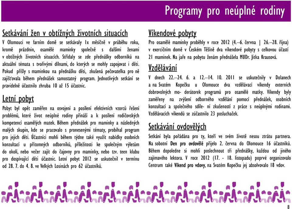 Pokud přišly s maminkou na přednášku děti, zkušená pečovatelka pro ně zajišťovala během přednášek samostatný program. Jednotlivých setkání se pravidelně účastnilo zhruba 10 až 15 účastnic.