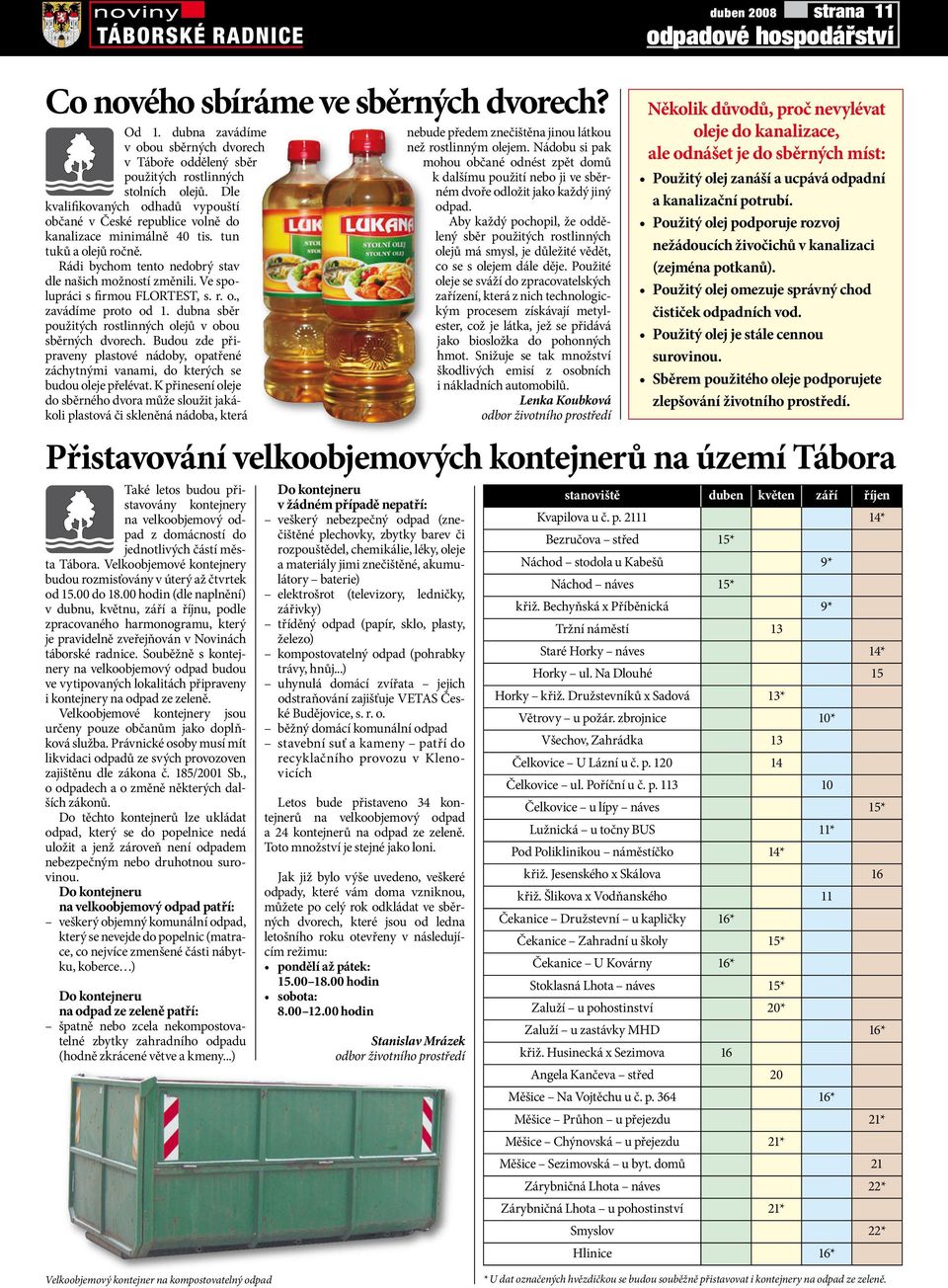 Ve spolupráci s firmou FLORTEST, s. r. o., zavádíme proto od 1. dubna sběr použitých rostlinných olejů v obou sběrných dvorech.