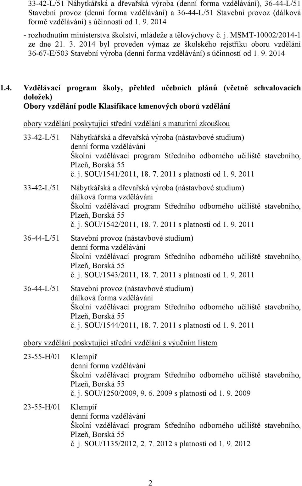 2014 byl proveden výmaz ze školského rejstříku oboru vzdělání 36-67-E/503 Stavební výroba (denní forma vzdělávání) s účinností od 1. 9. 2014 1.4. Vzdělávací program školy, přehled učebních plánů