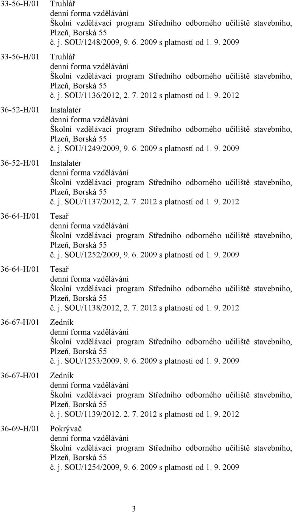 7. 2012 s platností od 1. 9. 2012 Instalatér denní forma vzdělávání Školní vzdělávací program Středního odborného učiliště stavebního, Plzeň, Borská 55 č. j. SOU/1249/2009, 9. 6.