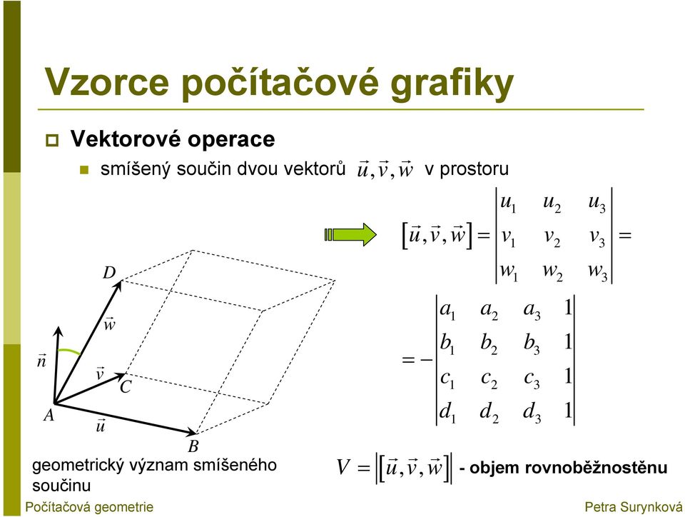 součinu V uvw,, u u2 u3 [ uvw,, ] = v v2 v3 = w w w = [ u, v, w]