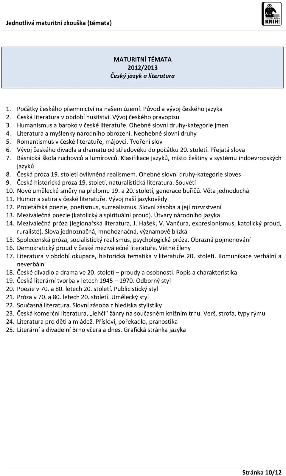 Tvoření slov 6. Vývoj českého divadla a dramatu od středověku do počátku 20. století. Přejatá slova 7. Básnická škola ruchovců a lumírovců.