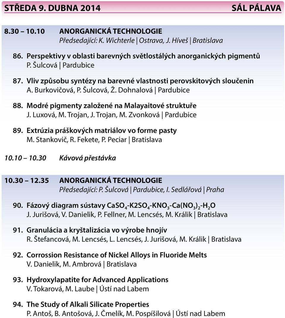 Luxová, M. Trojan, J. Trojan, M. Zvonková Pardubice 89. Extrúzia práškových matriálov vo forme pasty M. Stankovič, R. Fekete, P. Peciar Bratislava 10.10 10.30 Kávová přestávka 10.30 12.