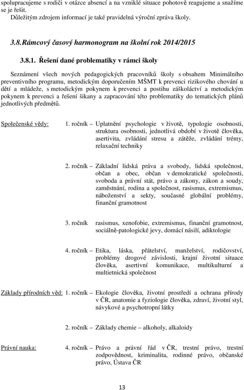 /2015 3.8.1. Řešení dané problematiky v rámci školy Seznámení všech nových pedagogických pracovníků školy s obsahem Minimálního preventivního programu, metodickým doporučením MŠMT k prevenci