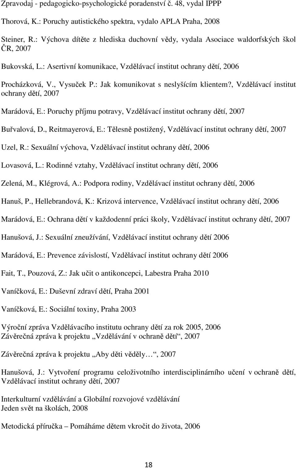 : Jak komunikovat s neslyšícím klientem?, Vzdělávací institut ochrany dětí, 2007 Marádová, E.: Poruchy příjmu potravy, Vzdělávací institut ochrany dětí, 2007 Buřvalová, D., Reitmayerová, E.