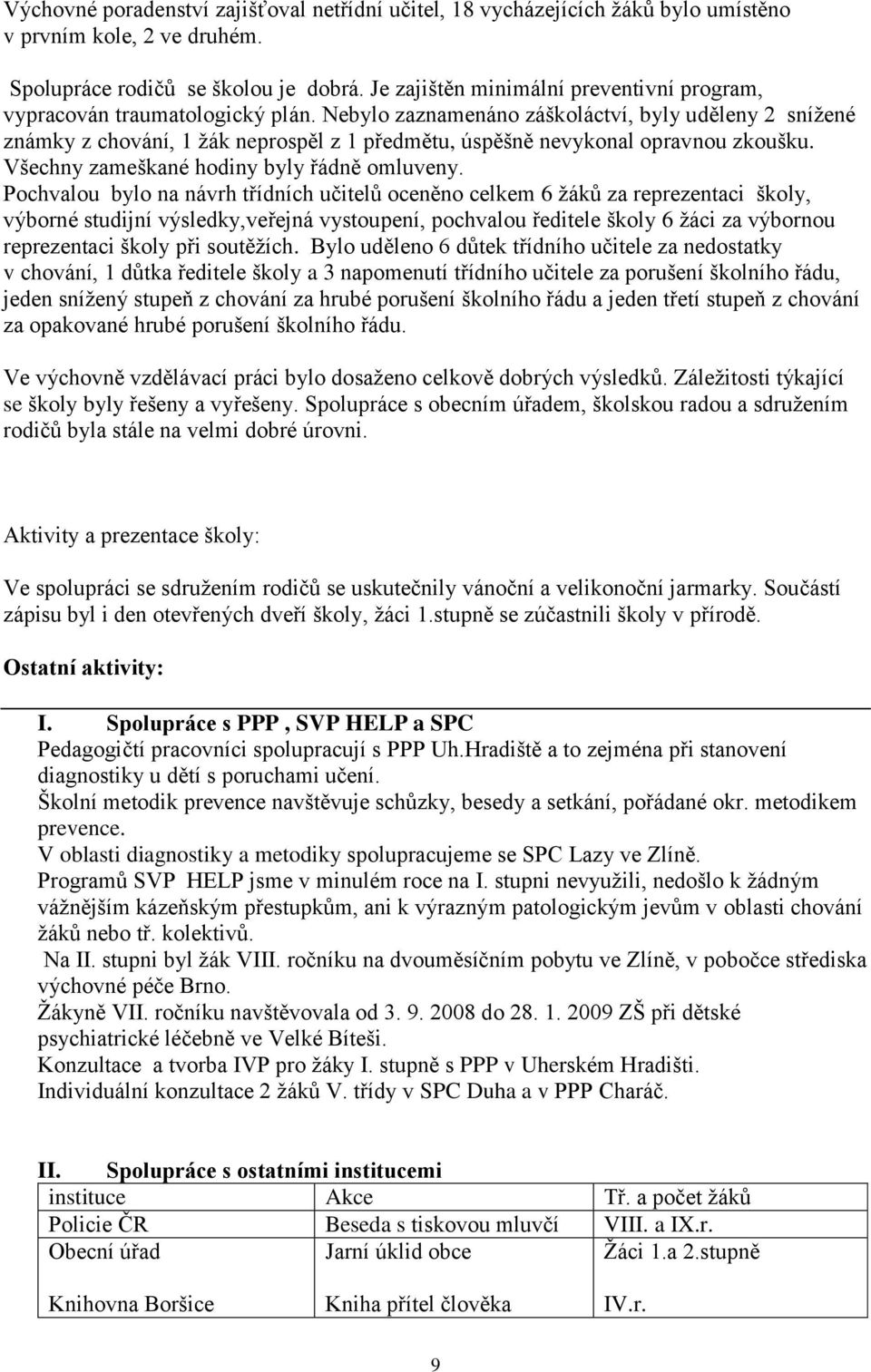 Nebylo zaznamenáno záškoláctví, byly uděleny 2 snížené známky z chování, 1 žák neprospěl z 1 předmětu, úspěšně nevykonal opravnou zkoušku. Všechny zameškané hodiny byly řádně omluveny.