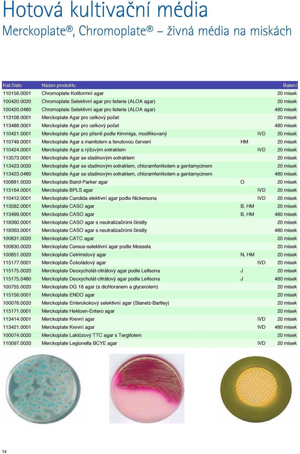 0001 Merckoplate Agar pro celkový počet 20 misek 113488.0001 Merckoplate Agar pro celkový počet 480 misek 110421.0001 Merckoplate Agar pro plísně podle Kimmiga, modifikovaný IVD 20 misek 110749.