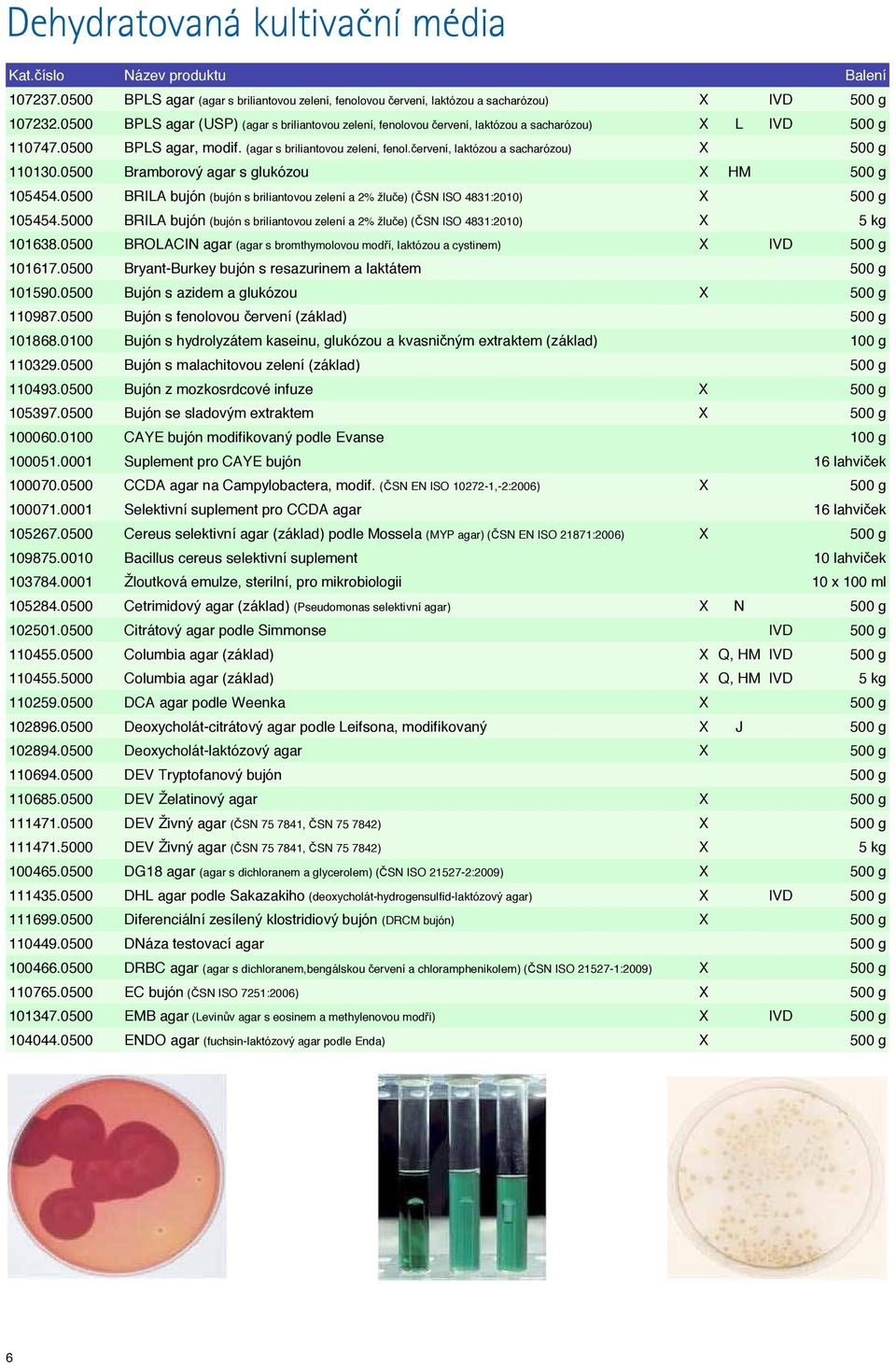 0500 Bramborový agar s glukózou X HM 500 g 105454.0500 BRILA bujón (bujón s briliantovou zelení a 2% žluče) (ČSN ISO 4831:2010) X 500 g 105454.