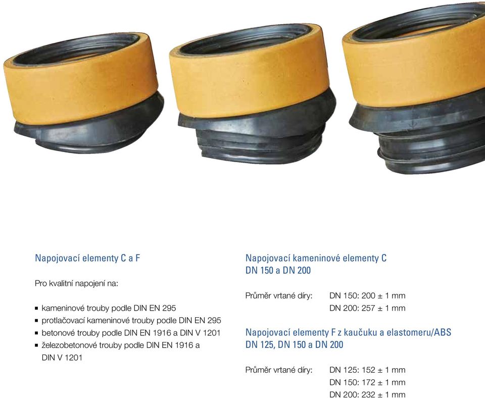 DIN V 1201 Napojovací kameninové elementy C DN 150 a DN 200 Průměr vrtané díry: Napojovací elementy F z kaučuku a