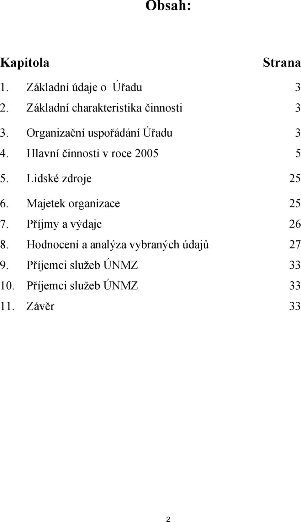 Hlavní činnosti v roce 2005 5 5. Lidské zdroje 25 6. Majetek organizace 25 7.