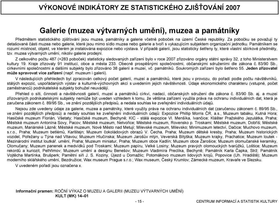 Památníkem se rozumí místnost, objekt, ve kterém je instalována expozice nebo výstava. V případě galerií, jsou statisticky šetřeny ty, které vlastní sbírkové předměty, tzv.