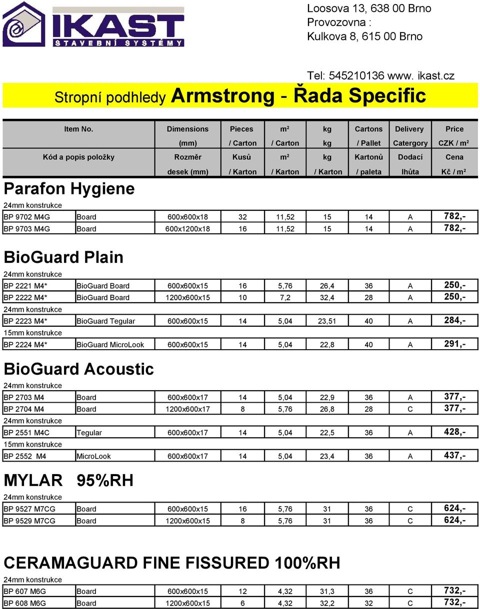 Karton / paleta lhůta BP 9702 M4G Board 600x600x18 32 11,52 15 14 A 782,- BP 9703 M4G Board 600x1200x18 16 11,52 15 14 A 782,- BioGuard Plain BP 2221 M4* BioGuard Board 600x600x15 16 5,76 26,4 36 A