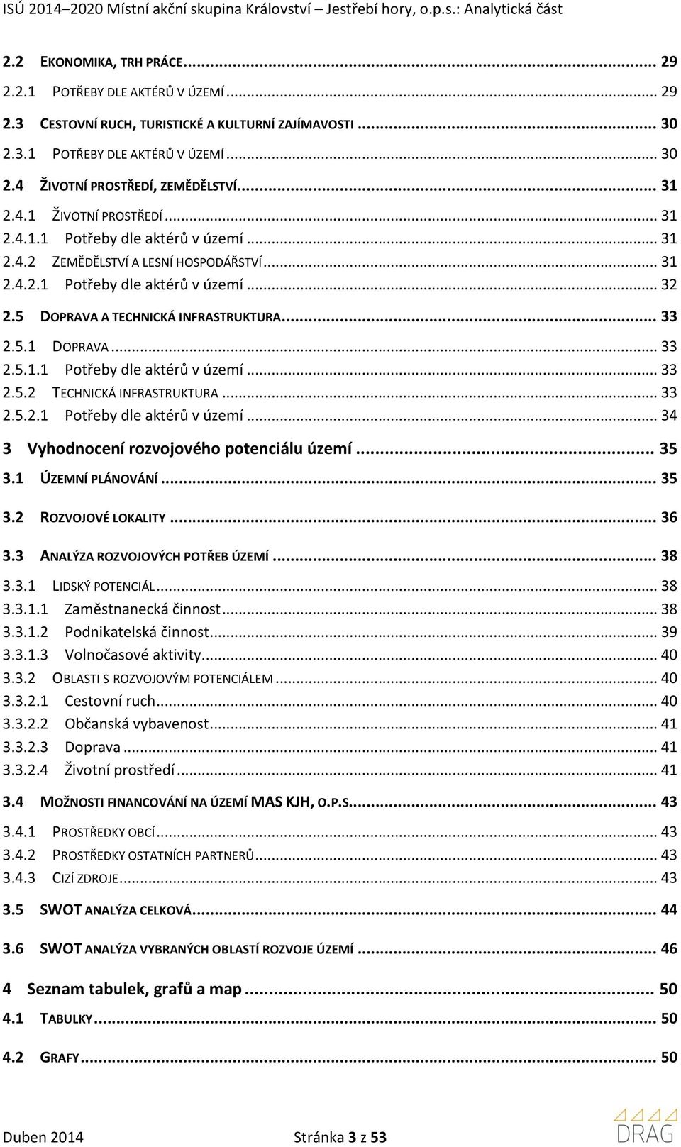 5 DOPRAVA A TECHNICKÁ INFRASTRUKTURA... 33 2.5.1 DOPRAVA... 33 2.5.1.1 Potřeby dle aktérů v území... 33 2.5.2 TECHNICKÁ INFRASTRUKTURA... 33 2.5.2.1 Potřeby dle aktérů v území... 34 3 Vyhodnocení rozvojového potenciálu území.