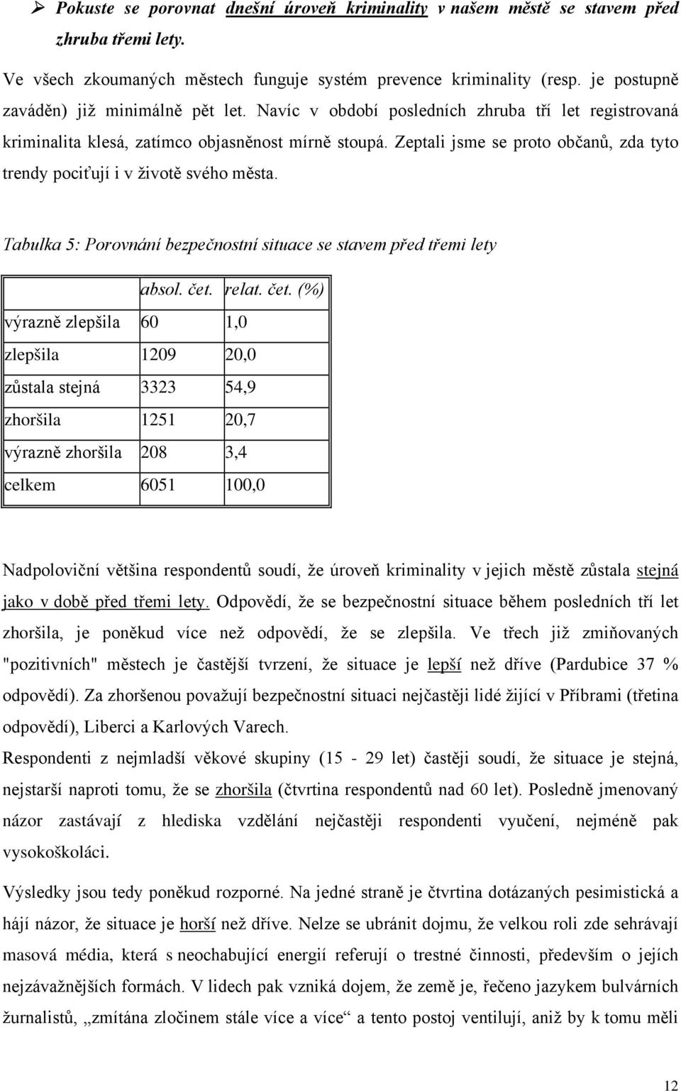 Zeptali jsme se proto občanů, zda tyto trendy pociťují i v životě svého města. Tabulka 5: Porovnání bezpečnostní situace se stavem před třemi lety absol. čet.