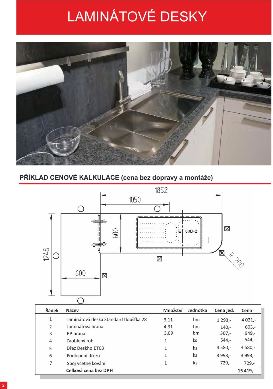 Cena 1 2 3 4 5 6 7 Laminátová deska Standard tloušťka 28 Laminátová hrana PP hrana Zaoblený roh Dřez