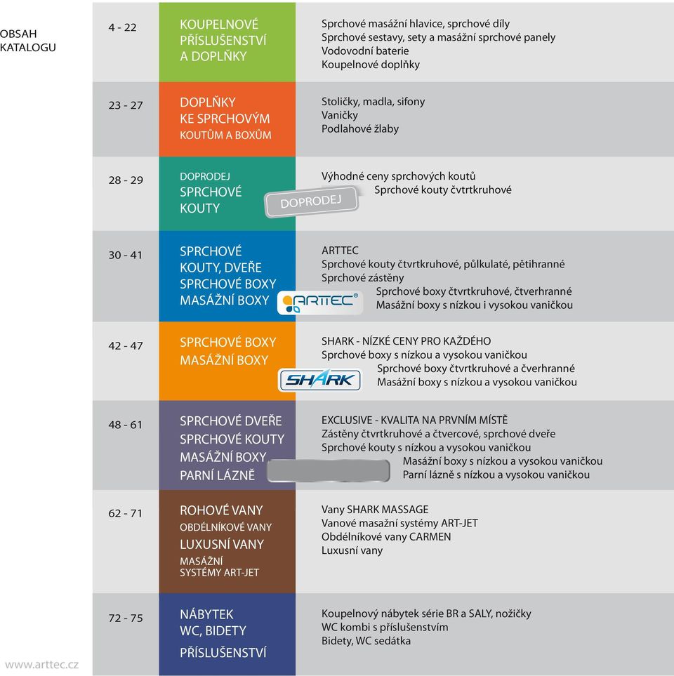 SPRCHOVÉ BOXY MASÁŽNÍ BOXY ARTTEC Sprchové kouty čtvrtkruhové, půlkulaté, pětihranné Sprchové zástěny Sprchové boxy čtvrtkruhové, čtverhranné Masážní boxy s nízkou i vysokou vaničkou 42-47 SPRCHOVÉ