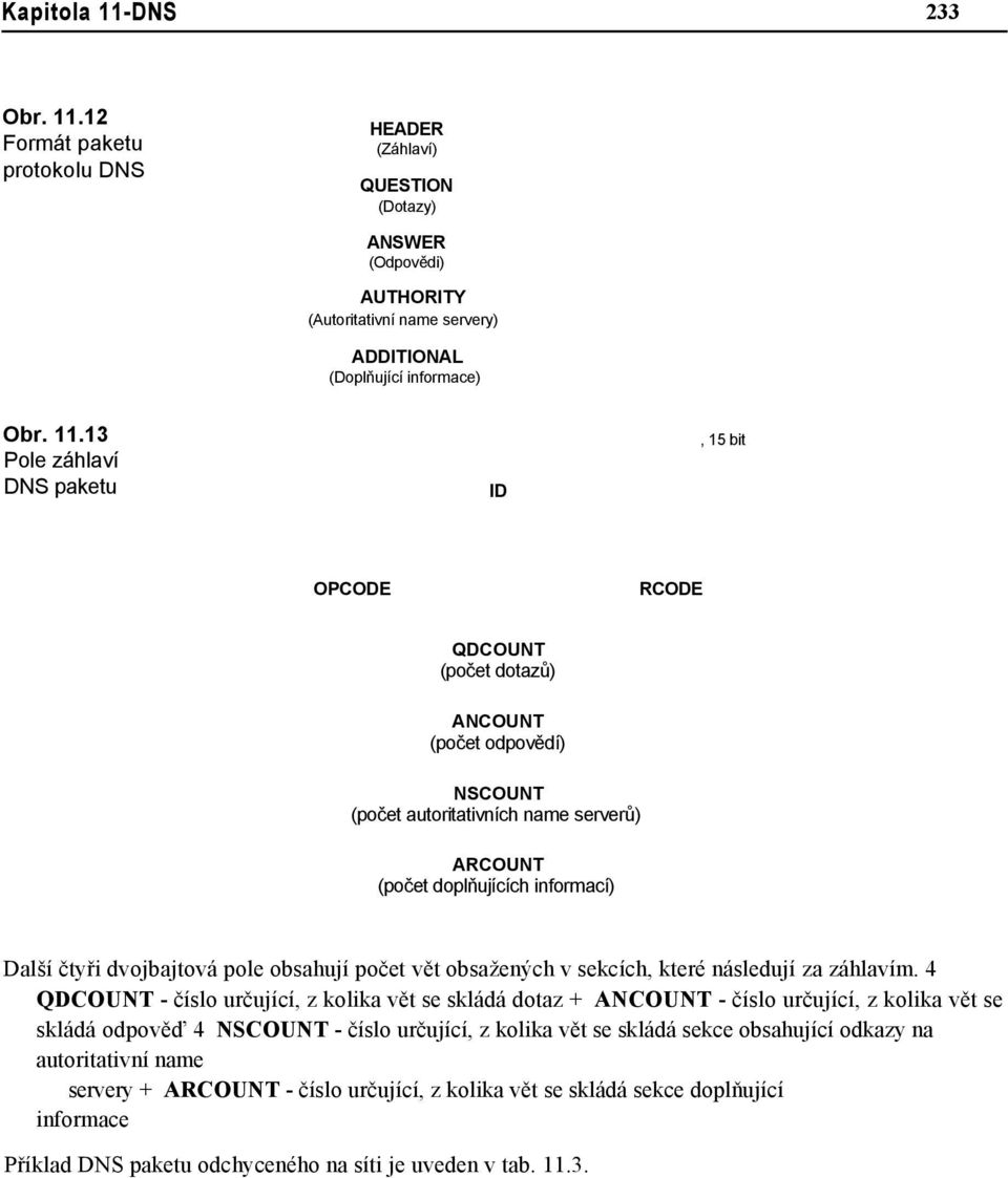 12 Formát paketu protokolu DNS HEADER (Záhlaví) QUESTION (Dotazy) ANSWER (Odpovědi) AUTHORITY (Autoritativní name servery) ADDITIONAL (Doplňující informace) Obr. 11.