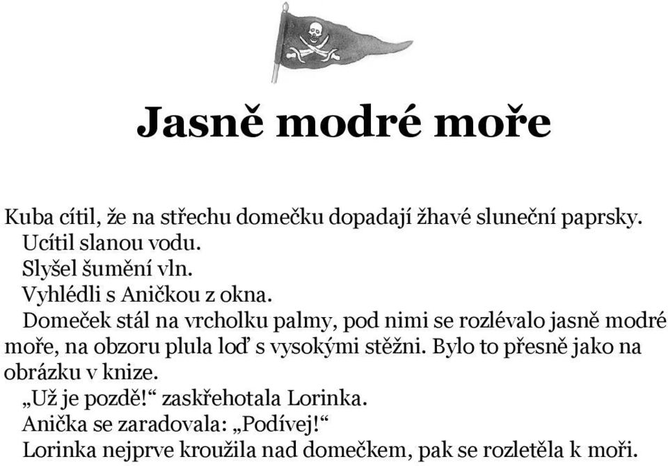 Domeček stál na vrcholku palmy, pod nimi se rozlévalo jasně modré moře, na obzoru plula loď s vysokými