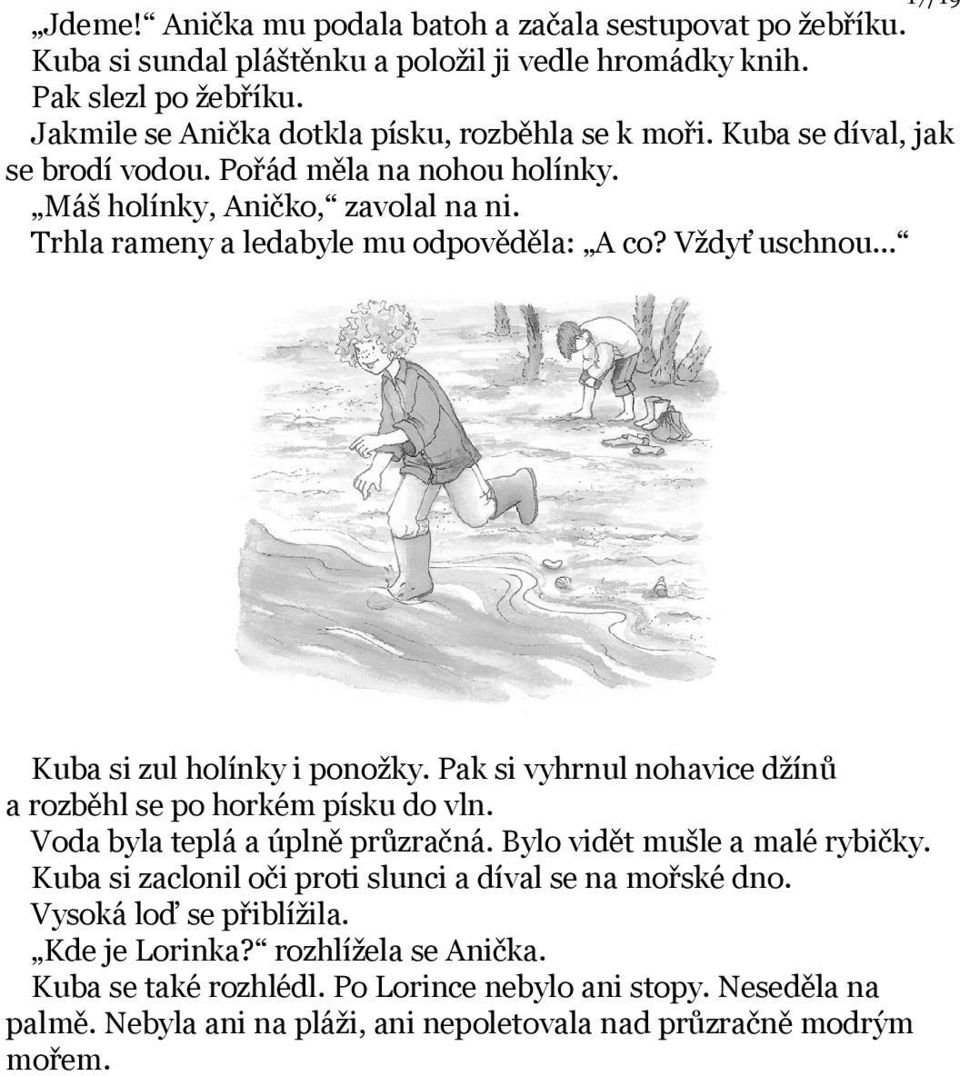 Vždyť uschnou... Kuba si zul holínky i ponožky. Pak si vyhrnul nohavice džínů a rozběhl se po horkém písku do vln. Voda byla teplá a úplně průzračná. Bylo vidět mušle a malé rybičky.