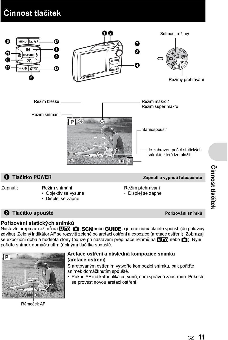 1 Tlačítko o Zapnutí: 2 Tlačítko spouště Režim snímání Objektiv se vysune Displej se zapne Režim přehrávání Displej se zapne Zapnutí a vypnutí fotoaparátu Pořizování snímků Pořizování statických