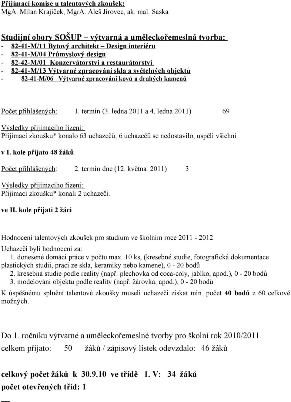 zpracování skla a světelných objektů 82-4-M/06 Výtvarné zpracování kovů a drahých kamenů Počet přihlášených:. termín (3. ledna 20 a 4.