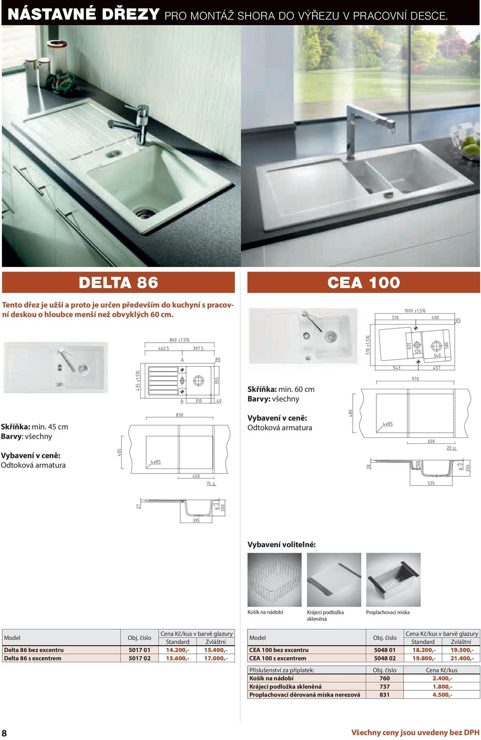 60 cm Skříňka: min. 45 cm Krájecí podložka skleněná Proplachovací miska Delta 86 bez excentru 5017 01 14.200,- 15.400,- Delta 86 s excentrem 5017 02 15.