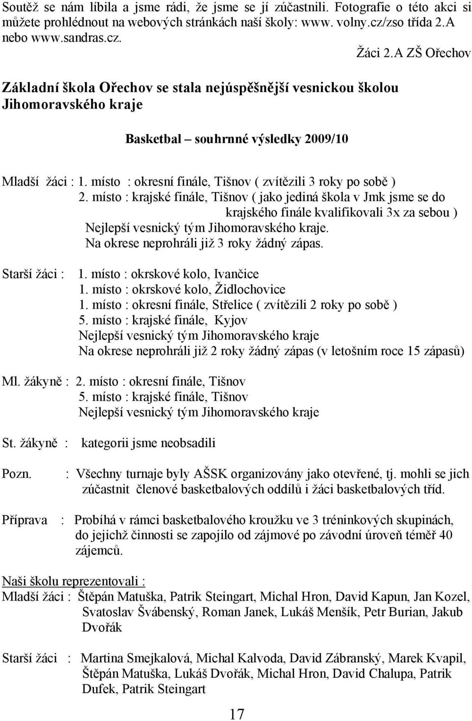 místo : okresní finále, Tišnov ( zvítězili 3 roky po sobě ) 2.