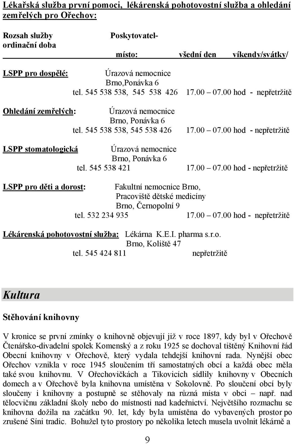 545 538 538, 545 538 426 LSPP stomatologická Úrazová nemocnice Brno, Ponávka 6 tel. 545 538 421 17.00 07.