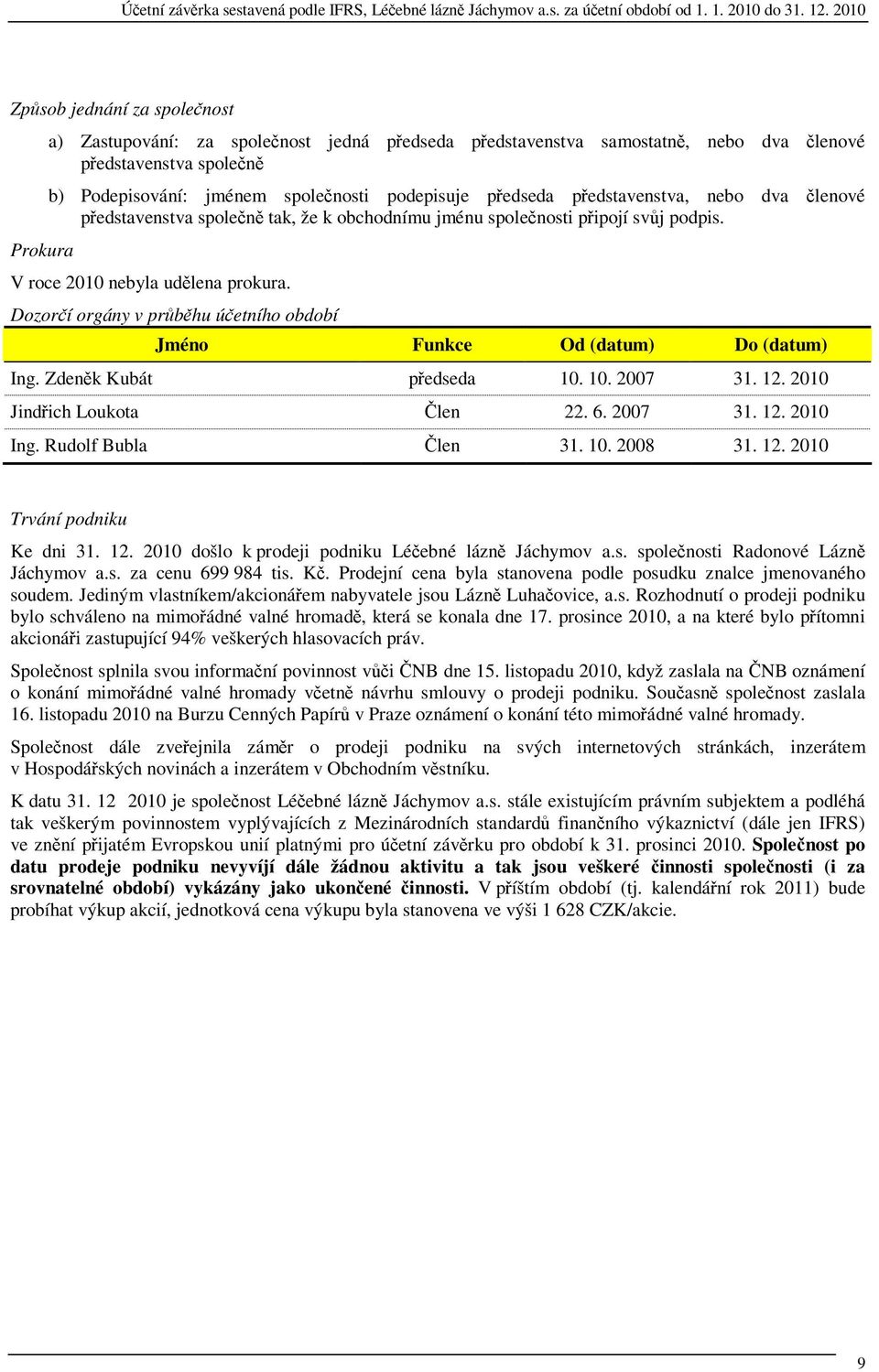 Dozorí orgány v prbhu úetního období Jméno Funkce Od (datum) Do (datum) Ing. Zdenk Kubát pedseda 10. 10. 2007 31. 12. 2010 Jindich Loukota len 22. 6. 2007 31. 12. 2010 Ing. Rudolf Bubla len 31. 10. 2008 31.