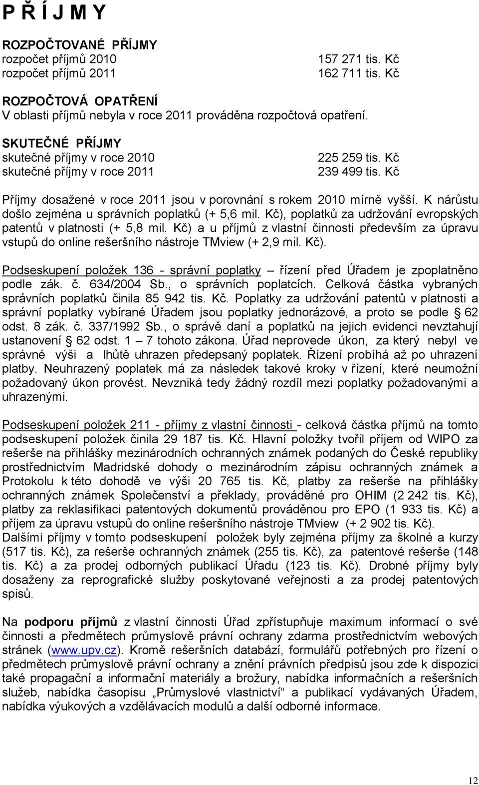 K nárůstu došlo zejména u správních poplatků (+ 5,6 mil. Kč), poplatků za udržování evropských patentů v platnosti (+ 5,8 mil.