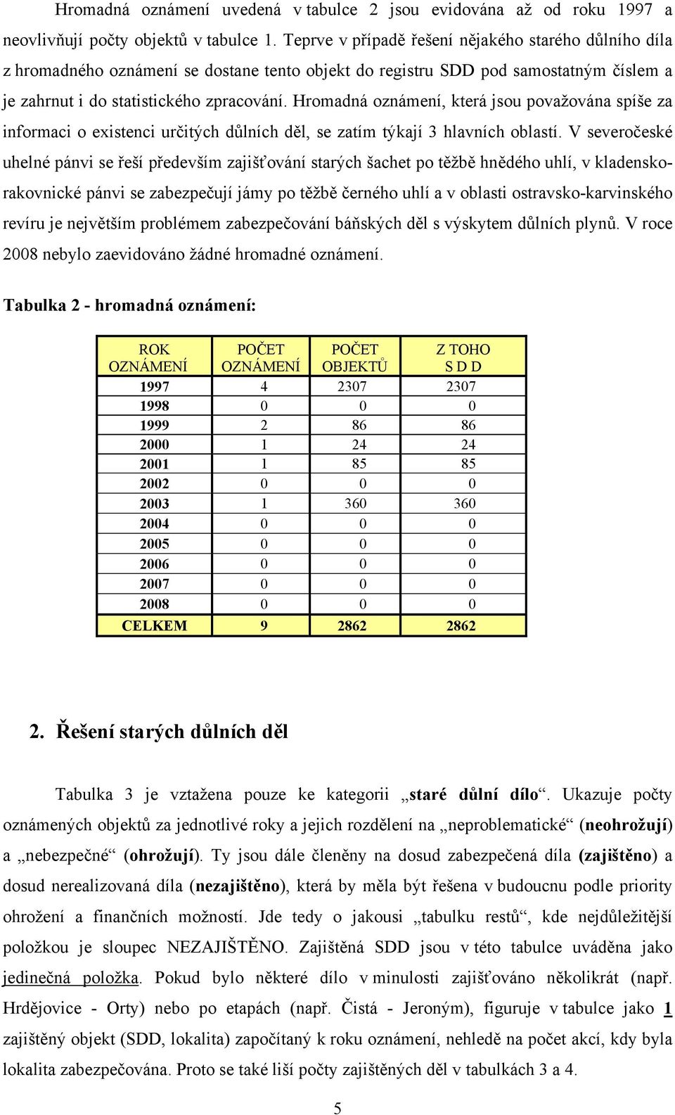 Hromadná oznámení, která jsou považována spíše za informaci o existenci určitých důlních děl, se zatím týkají 3 hlavních oblastí.