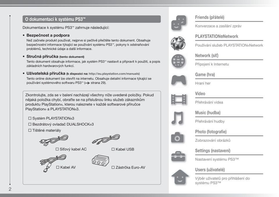Stručná příručka (tento dokument) Tento dokument obsahuje informace, jak systém PS3 nastavit a připravit k použití, a popis základních hardwarových funkcí.