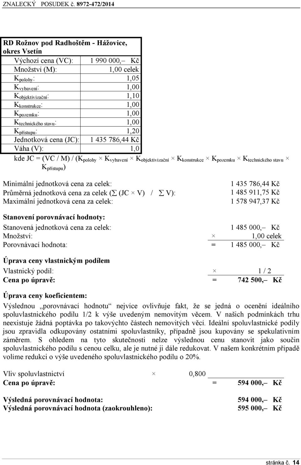 Minimální jedntkvá cena za celek: Průměrná jedntkvá cena za celek ( (JC V) / V): Maximální jedntkvá cena za celek: 1 435 786,44 Kč 1 485 911,75 Kč 1 578 947,37 Kč Stanvení prvnávací hdnty: Stanvená